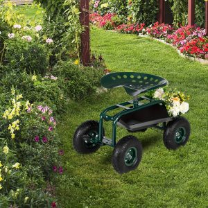 Rolling Gardening Cart With Adjustable 360 Degree Rotating Seat - Utility Tray And Storage Basket, Green